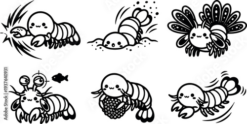 Cute kawaii vector mantis shrimp character set six poses playful action close up line art icons black white simple sticker