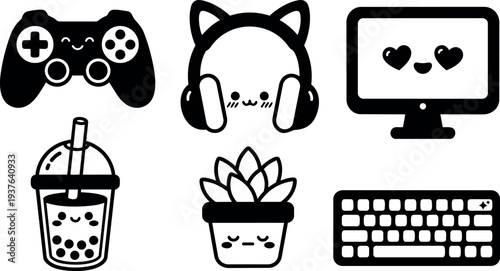 Kawaii flat vector icon set close up smiling game controller cat headphones computer monitor bubble tea potted succulent keyboard layout
