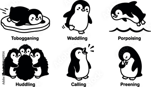 Line art flat design penguin character set showing tobogganing waddling porpoising huddling calling preening six cute black and white icons