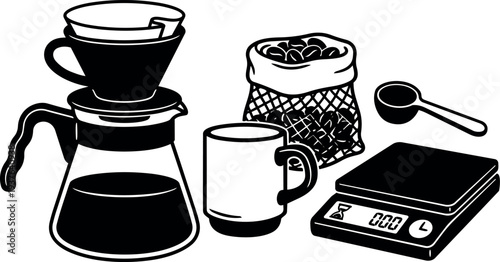 Line art pour over coffee setup with dripper carafe mug digital scale burlap sack scoop closeup black white