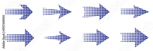 Dotted arrow gradient design set. Arrow halftone effect. Arrow icon set for forward click buttons, web design arrow navigation and apps elements. eps 10