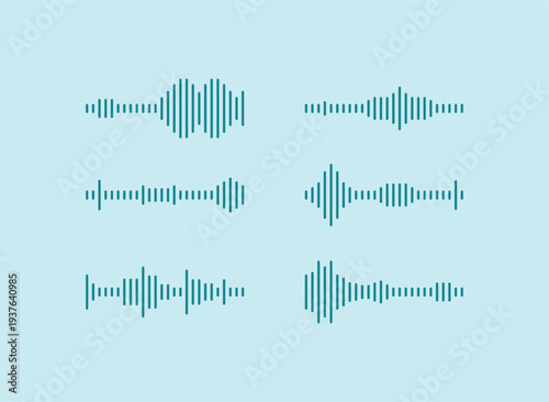 Set of minimalist teal sound wave icons and audio frequency equalizer bars isolated on a light blue background