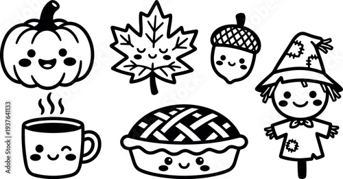 Whimsical kids doodle autumn icons set with smiling pumpkin leaf acorn steaming mug lattice pie and scarecrow black and white