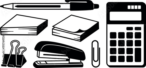 Minimalist black and white vector stationery set top view pen stapler calculator paper clips memo pads flat design outline icon