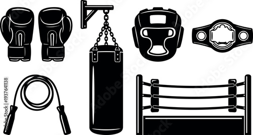 Flat design set of boxing equipment icons gloves heavy bag jump rope headgear belt and ring top view minimal silhouette