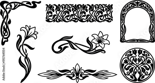 Art nouveau ornamental floral corner and frame vector elements with lily motif decorative borders close up elegant black silhouettes set