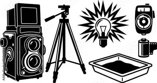 Vintage twin lens reflex camera with tripod and film canister next to developing tray light bulb flash meter icons silhouette