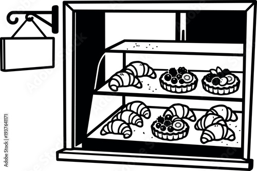 Line art close up bakery display window with croissants and fruit tarts on two shelves side view simple black white