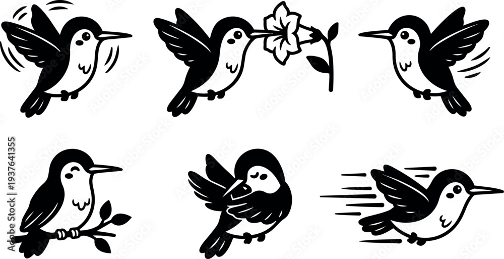 Fototapeta premium Tattoo flash hummingbird icon set six poses close up flying feeding perched fast motion simple black and white minimalist outline