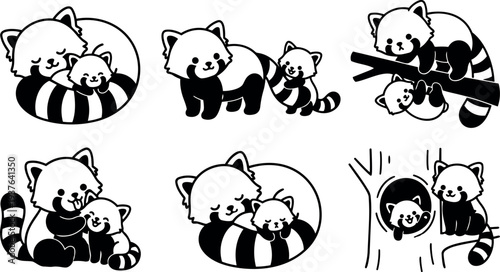 Line art cute red panda parent and baby playing in multiple poses close up vector sticker set playful illustration collection