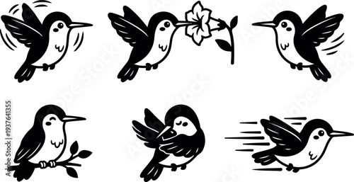 Tattoo flash hummingbird icon set six poses close up flying feeding perched fast motion simple black and white minimalist outline