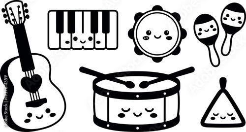 Kawaii flat vector close up of smiling musical instruments set with guitar piano drum tambourine maracas triangle playful composition cheerful