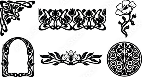Art nouveau ornate floral vector set with corner embellishment border medallion arch frame and decorative horizontal flourish