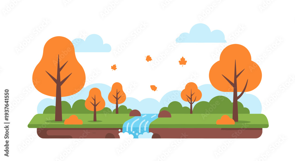 Fototapeta premium Autumn landscape with waterfall, orange trees, and falling leaves