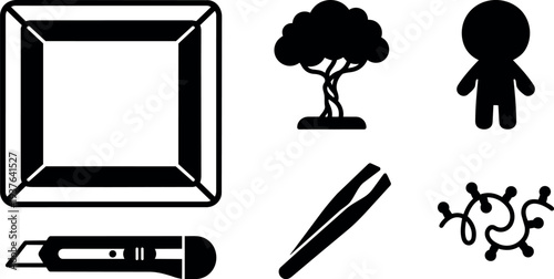 Flat design black silhouette icons set picture frame bonsai tree person utility knife tweezers network node simple layout isolated vector