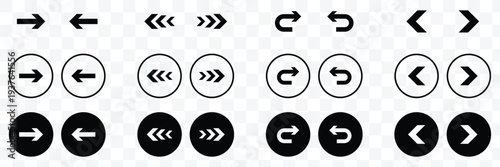 Arrow buttons icon set. Website slider navigation symbols. Next and previous rounded buttons for app. Web interface arrow buttons. Collection different arrows sign. eps 10