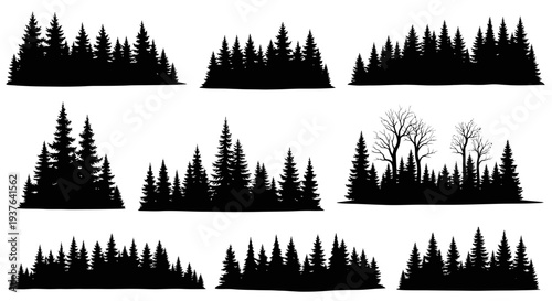 Black Silhouette Evergreen Forest Landscape Vector Set