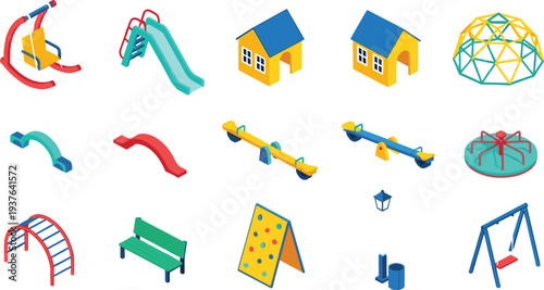 Children Playground Equipment Collection with Slide Seesaw Swing Climbing Dome Bench and Kids Park Activity Vector Illustration.