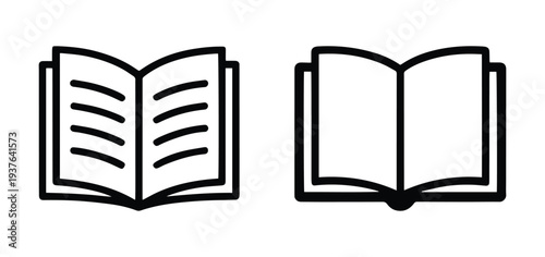 Open Book Vector outline Icon, Two Styles With Text Lines and Blank Pages, Black Outline Symbol, Open Book Outline Icon Duo With and Without Text Lines, Black Stroke Vector Symbol