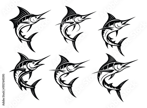 Marlin Sailfish Jumping Vector Illustration Bundle, Black White Jumping Billfish Illustration Collection, Jumping Marlin Sailfish Silhouette, Jumping Sportfishing Illustrations
