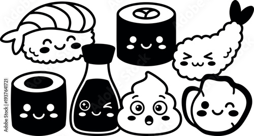 Kawaii line art sushi icons set smiling nigiri maki tempura soy sauce and dumpling in cute cartoon style black white