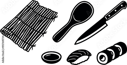 Flat design top view sushi preparation set with bamboo mat rice paddle chef knife soy dish nigiri and maki closeup