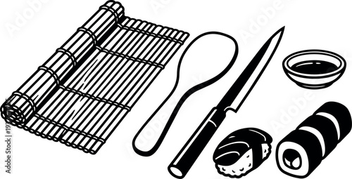 Minimalist line art sushi rolling kit with bamboo mat rice paddle chef knife soy sauce bowl nigiri maki top view