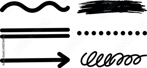 Flat design bold hand drawn brush strokes arrows dots and dividers in black vector set close up minimal view composition