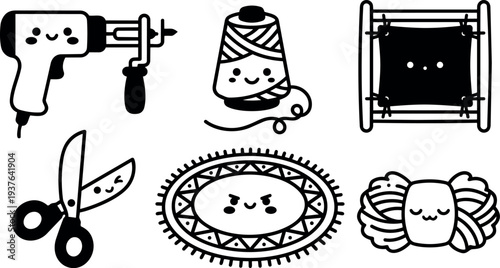 Cute kawaii line art craft tools icons drill scissors yarn spool weaving loom and embroidered patch close up flat vector