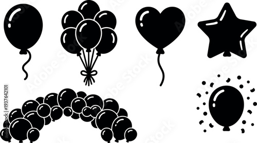 Flat design balloon icon set close up assorted balloon shapes arch cluster heart star confetti single ribbon low angle silhouette