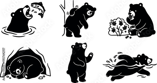 Minimalist icon bear set showing fishing climbing eating sleeping standing and swimming black silhouettes flat vector collection side view poses
