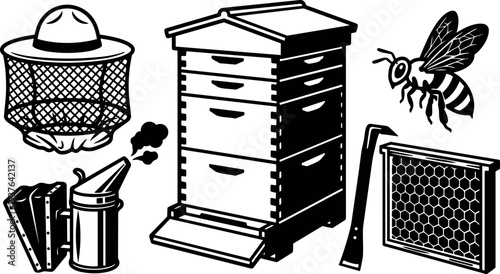 Line art close up beekeeping equipment set with hive bee smoker veil frame and hive tool top down view bright