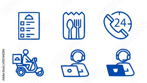 Minimal service icons including menu list, 24 hour support, scooter delivery, and online operator.