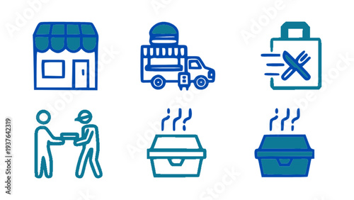 Simple food service icons including restaurant shop, delivery truck, takeaway box, and mobile ordering.
