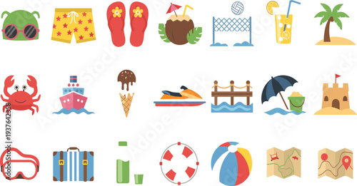 Summer Beach Vacation Icon Set with Crab Flip Flops Coconut Drink Palm Tree Sandcastle and Travel Holiday Vector Illustration.