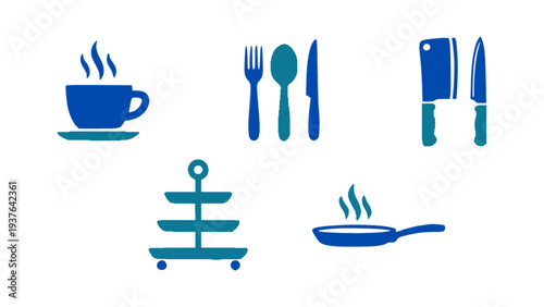 Simple kitchen icon set including cup, fork, spoon, knife, pan, and kitchen stand.
