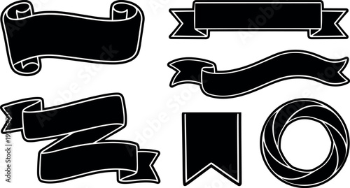 Flat design six black ribbon banners and circular badge vector set with folded ribbons close up top view isolated outline