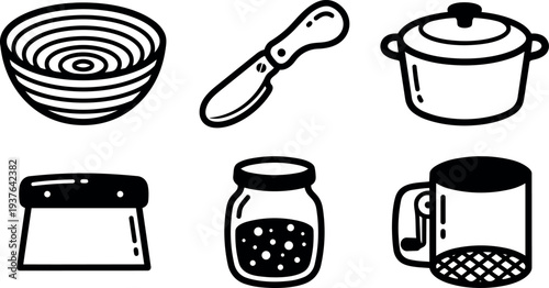 Line art kitchen icon set bowl knife pot cutting board jar mug close up flat vector illustration