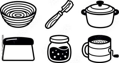 Line art flat design top view kitchen utensil icon set six black outline cookware bowl peeler pot jar sifter mug