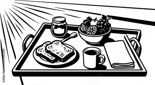 Line art close up breakfast tray with toast jam jar fruit bowl coffee mug spoon and napkin in sunlight morning
