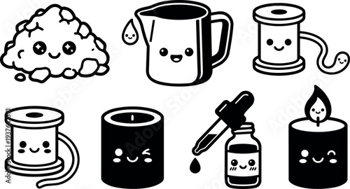 Kawaii line art vector set of candle making supplies smiling wax wick jug measuring cup dropper bottle soap base cute