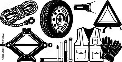 Flat design view of car emergency kit with jack spare wheel lug wrench warning triangle and reflective vest flashlight gloves