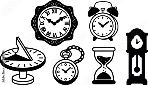 Flat design black silhouette assortment of vintage and modern clocks including wall clock alarm clock pocket watch hourglass grandfather clock