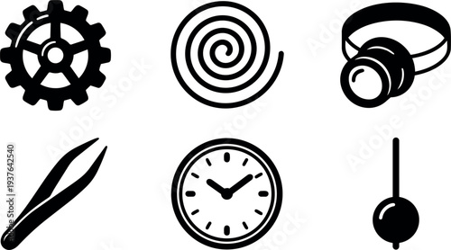 Flat design minimal icon set showing gear spiral headlamp tweezers wall clock and pendulum in bold black isolated vector collection