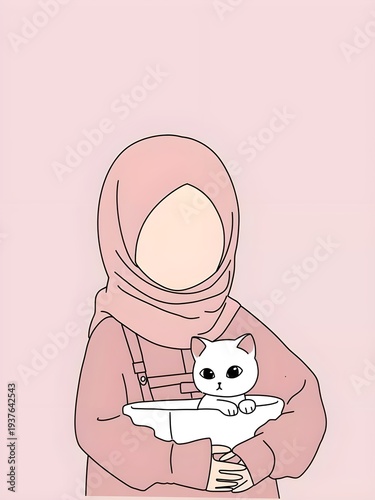 A simple line art illustration features a faceless figure in a pink hijab and outfit gently holding a small white cat, set against a soft solid pink backdrop.