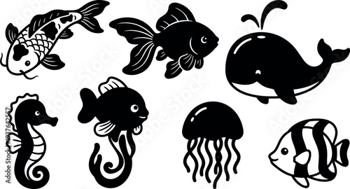 Flat vector silhouette collection of playful sea creatures koi goldfish whale jellyfish seahorse angelfish arranged on white background cute side view