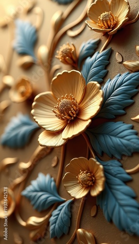 Close-up of embossed golden flowers, blue leaves on textured brown background. Intricate floral relief design with elegant, luxurious metallic accents. Perfect for decor, invitations, luxury branding