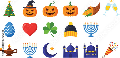 Colorful flat vector icon set for global holidays including Christmas tree Halloween pumpkins Hanukkah menorah Eid mosque and celebratory champagne glasses
