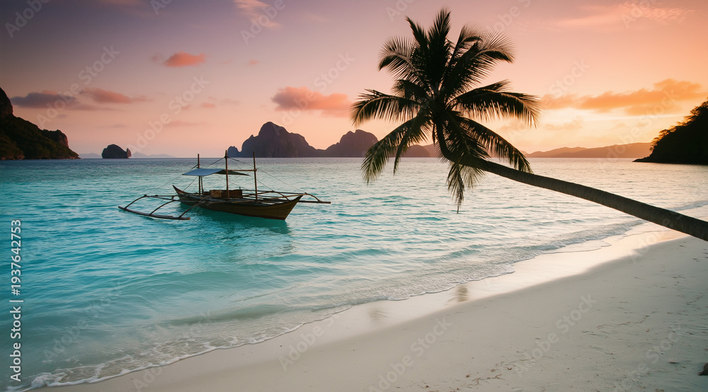Naklejka premium Secret lagoon beach in el nido, philippines at sunset featuring a tropical setting with a boat, palm tree, and orange skies. Perfect for travel websites and vacation brochures.