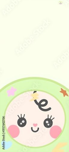 A charming round-faced cartoon character with big eyes, pink cheeks, and a curly lock sits within a green frame, adorned with colorful stars and shapes against a soft pale green backdrop.